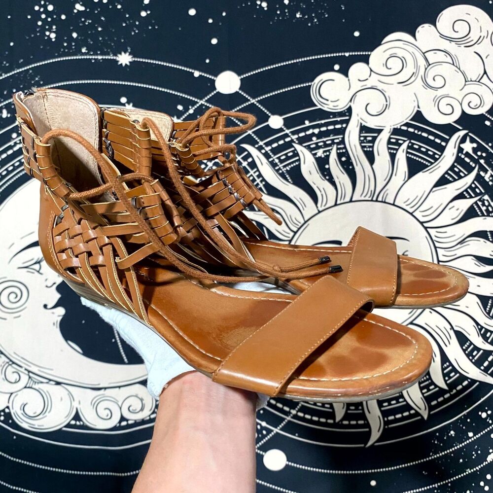 Jessica Simpson Lourra Strappy Sandal Women's Brown Woven Leather Wedge Heel